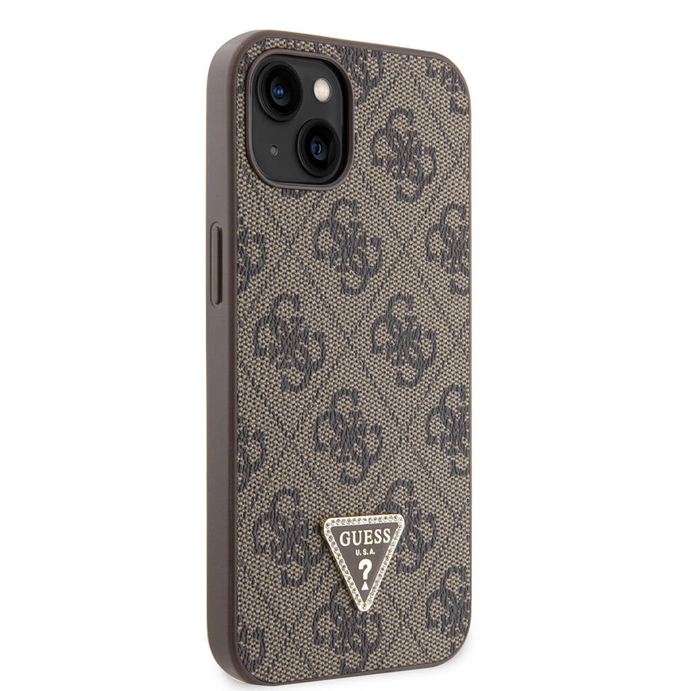 Apple iPhone 14 Case Guess Original Licensed PU Leather Stone Triangle Logo 4G Patterned Cover Brown