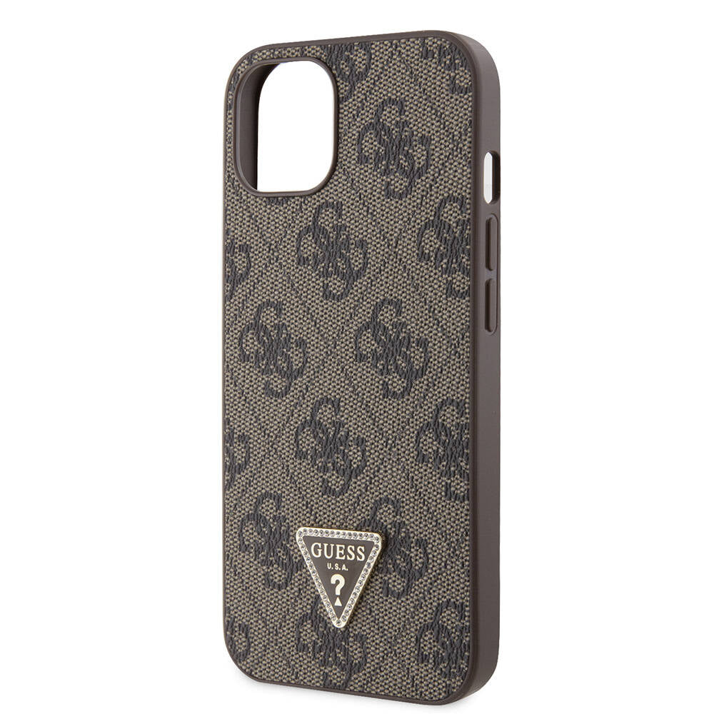 Apple iPhone 14 Case Guess Original Licensed PU Leather Stone Triangle Logo 4G Patterned Cover Brown