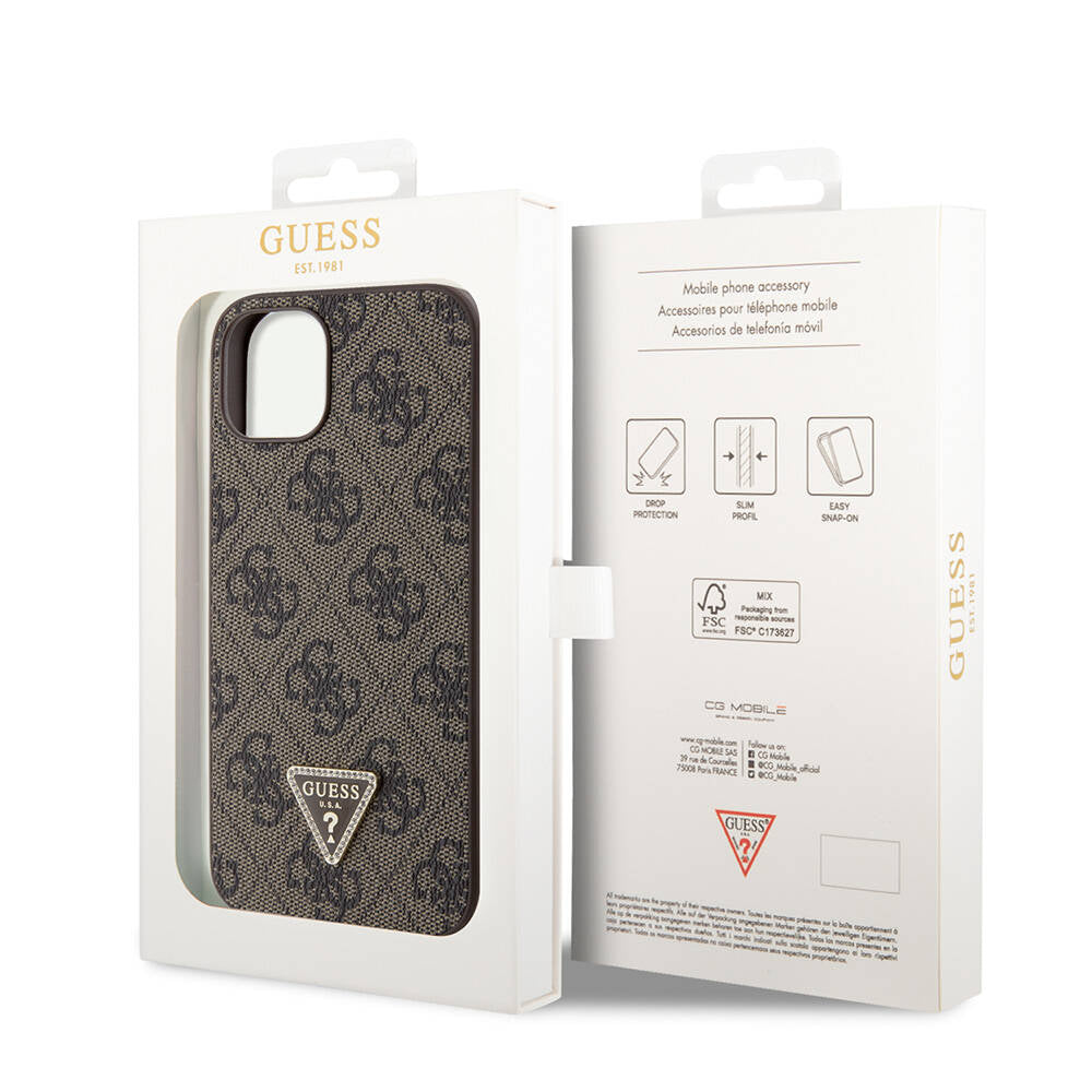 Apple iPhone 14 Case Guess Original Licensed PU Leather Stone Triangle Logo 4G Patterned Cover Black