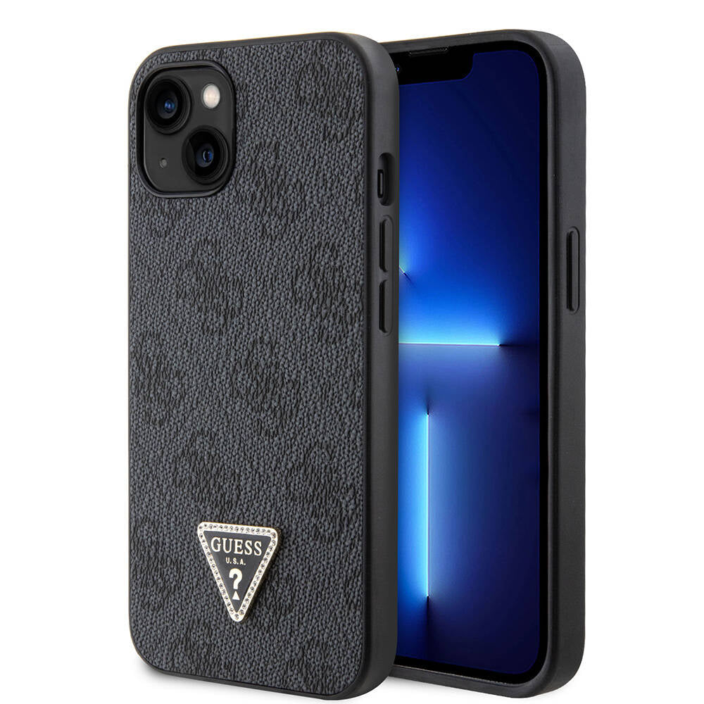 Apple iPhone 14 Case Guess Original Licensed PU Leather Stone Triangle Logo 4G Patterned Cover Black