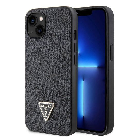 Apple iPhone 14 Case Guess Original Licensed PU Leather Stone Triangle Logo 4G Patterned Cover Black