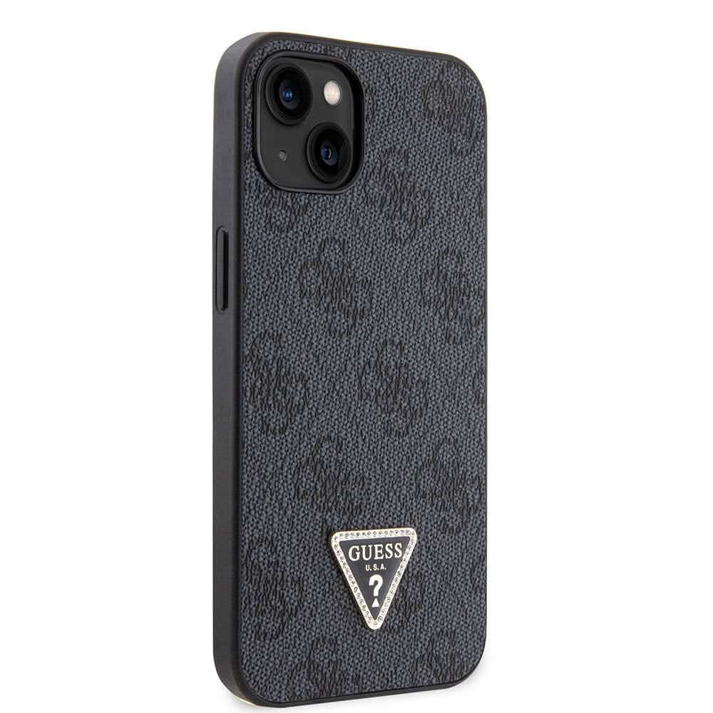 Apple iPhone 14 Case Guess Original Licensed PU Leather Stone Triangle Logo 4G Patterned Cover Black