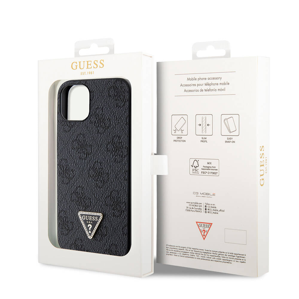 Apple iPhone 14 Case Guess Original Licensed PU Leather Stone Triangle Logo 4G Patterned Cover Brown