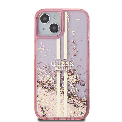Apple iPhone 14 Kılıf Guess Orjinal Lisanslı Transparan Sıvılı Simli Altın Çizgili Kapak Pembe