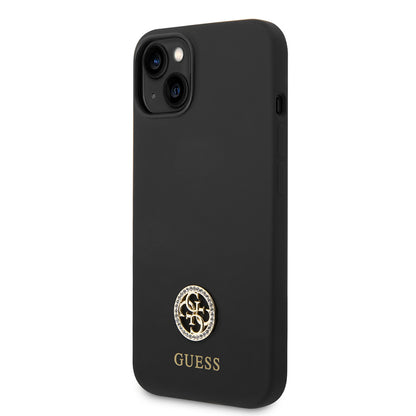Apple iPhone 14 Kılıf Guess Orjinal Lisanslı Yazı ve Taşlı 4G Logolu Silikon Kapak Siyah