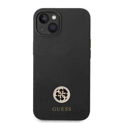 Apple iPhone 14 Kılıf Guess Orjinal Lisanslı Yazı ve Taşlı 4G Logolu Silikon Kapak Siyah