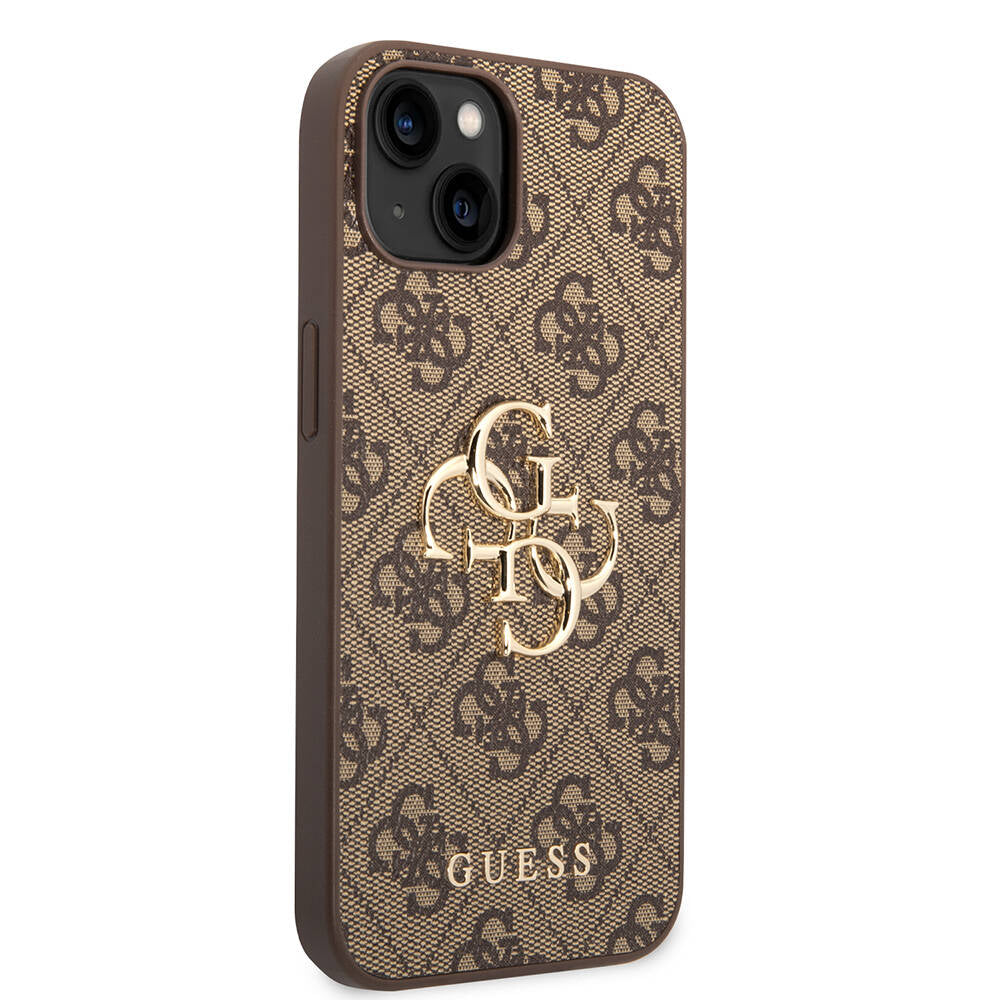Apple iPhone 14 Case Guess PU Leather Large Metal Logo Design Cover Brown