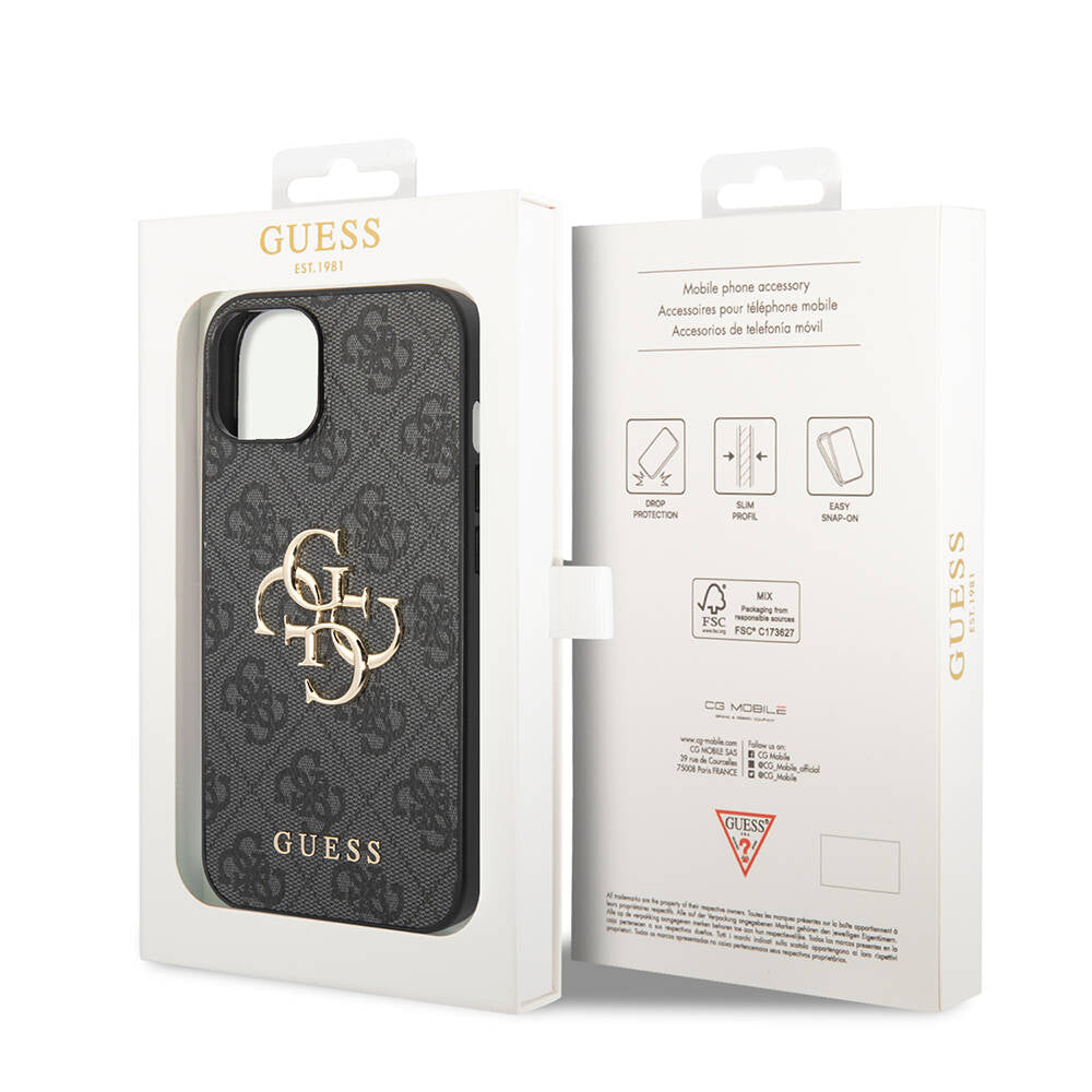 Apple iPhone 14 Case Guess PU Leather Large Metal Logo Design Cover Brown