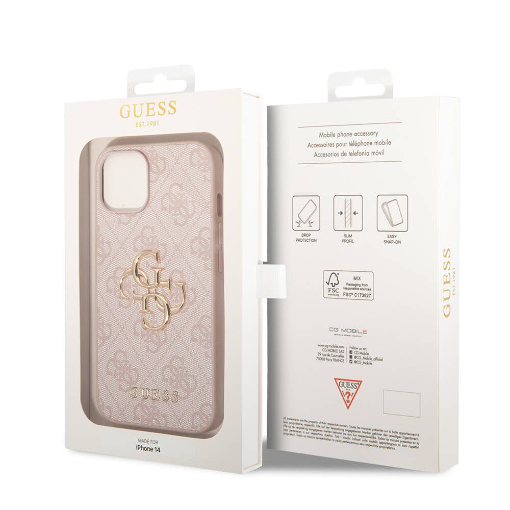 Apple iPhone 14 Case Guess PU Leather Large Metal Logo Design Cover Pink