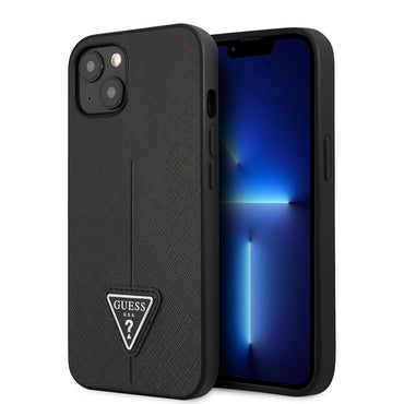 Apple iPhone 14 Case GUESS PU Saffron Leather Triangle Logo Design Cover Black