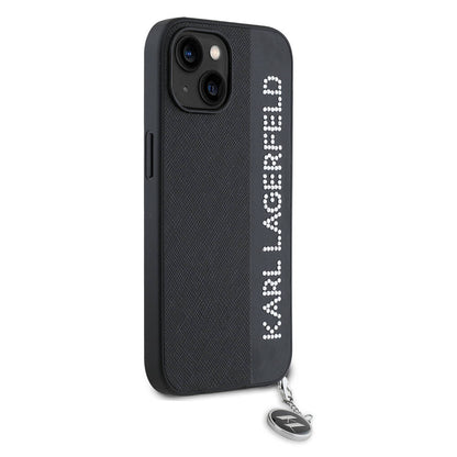 Apple iPhone 14 Kılıf Karl Lagerfeld Orjinal Lisanslı Anahtarlıklı Taşlı KL Yazılı Saffiano Rhinestones Kapak Pembe