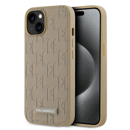 Apple iPhone 14 Kılıf Karl Lagerfeld Orjinal Lisanslı M-safe Şarj Özellikli KL Yazılı Hot Stamp Kapak Krem