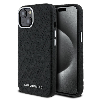 Apple iPhone 14 Kılıf Karl Lagerfeld Orjinal Lisanslı PU Deri Damgalı Metal Yazı Logolu Kapak Siyah