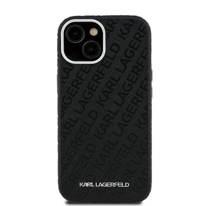 Apple iPhone 14 Kılıf Karl Lagerfeld Orjinal Lisanslı PU Deri Damgalı Metal Yazı Logolu Kapak Siyah