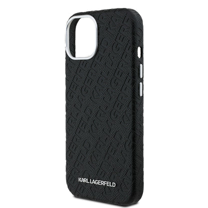 Apple iPhone 14 Kılıf Karl Lagerfeld Orjinal Lisanslı PU Deri Damgalı Metal Yazı Logolu Kapak Siyah