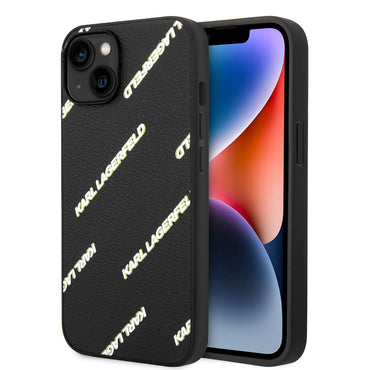 Apple iPhone 14 Kılıf Karl Lagerfeld PU Suni Deri Logolu Dizayn Kapak Siyah