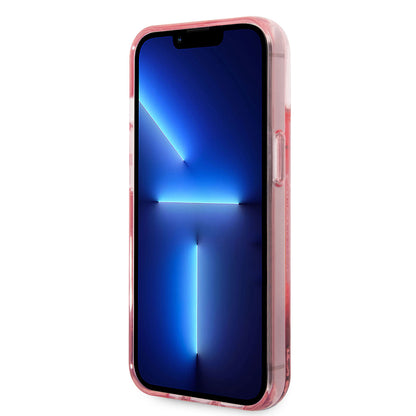Apple iPhone 14 Kılıf Karl Lagerfeld Sıvılı Simli Karl Head Dizayn Kapak Pembe