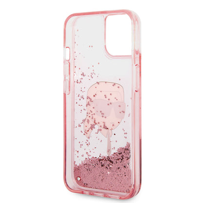 Apple iPhone 14 Kılıf Karl Lagerfeld Sıvılı Simli Karl Head Dizayn Kapak Pembe