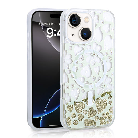 Apple iPhone 14 Case Liquid Glitter Printed Transparent Back Surface Zore Mossa Silicone Cover Gold 