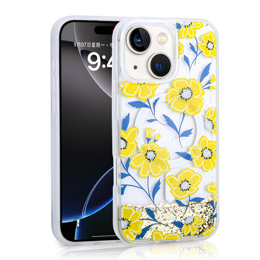 Apple iPhone 14 Case Liquid Glitter Printed Transparent Back Surface Zore Mossa Silicone Cover Yellow 