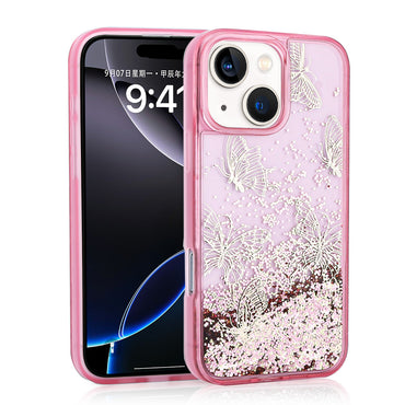 Apple iPhone 14 Case Liquid Glitter Butterfly Printed Transparent Back Surface Zore Glis Silicone Cover Purple 