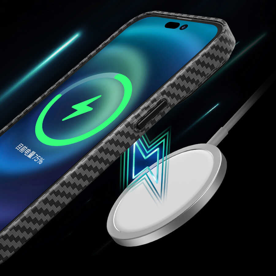 Apple iPhone 14 Case Wiwu Carbon Fiber Look M-safe Wireless Charging Featured Cabon Cover Black