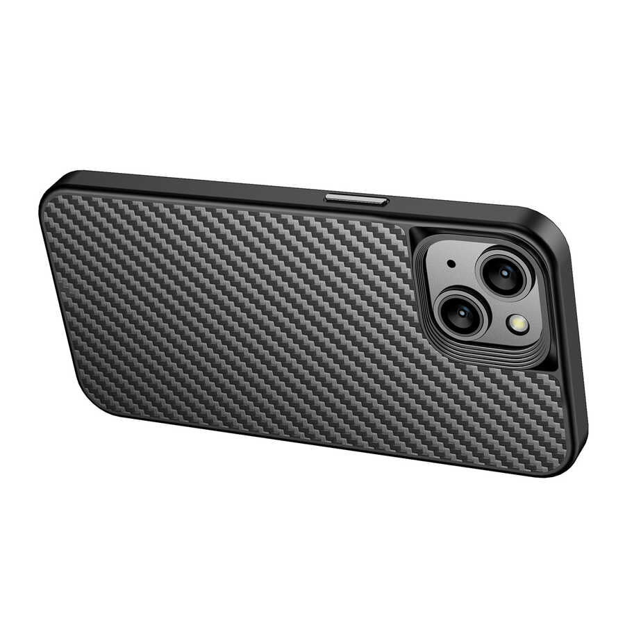 Apple iPhone 14 Plus Kılıf Aramid Karbon Fiber M-safe Özellikli Wlons Radison Kapak Siyah