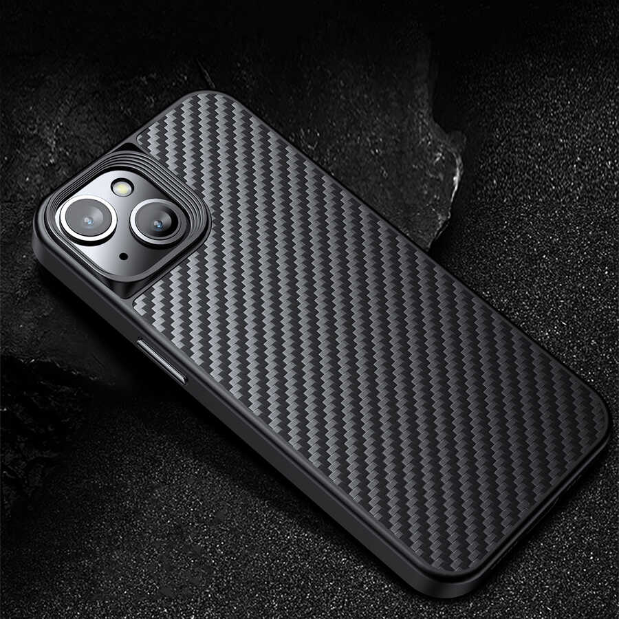 Apple iPhone 14 Plus Kılıf Aramid Karbon Fiber M-safe Özellikli Wlons Radison Kapak Siyah