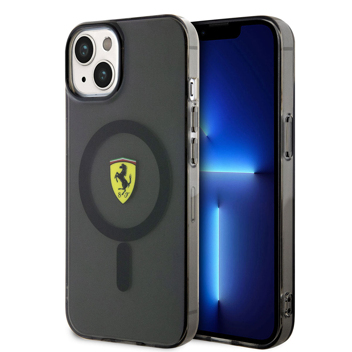 Apple iPhone 14 Plus Kılıf Ferrari M-safe Şarj Özellikli Yarı Transparan Dizayn Kapak Siyah