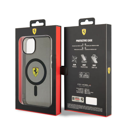 Apple iPhone 14 Plus Kılıf Ferrari M-safe Şarj Özellikli Yarı Transparan Dizayn Kapak Siyah