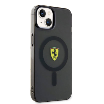 Apple iPhone 14 Plus Kılıf Ferrari M-safe Şarj Özellikli Yarı Transparan Dizayn Kapak Siyah