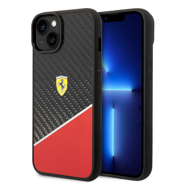 Apple iPhone 14 Plus Kılıf Ferrari Orjinal Lisanlı Klasik Metal Logolu Karbon Şerit Desenli Kapak Kırmızı