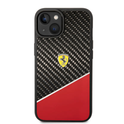 Apple iPhone 14 Plus Kılıf Ferrari Orjinal Lisanlı Klasik Metal Logolu Karbon Şerit Desenli Kapak Kırmızı