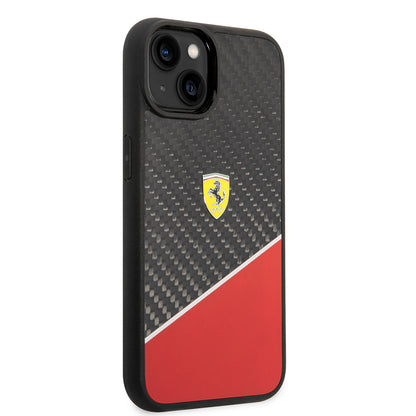 Apple iPhone 14 Plus Kılıf Ferrari Orjinal Lisanlı Klasik Metal Logolu Karbon Şerit Desenli Kapak Kırmızı