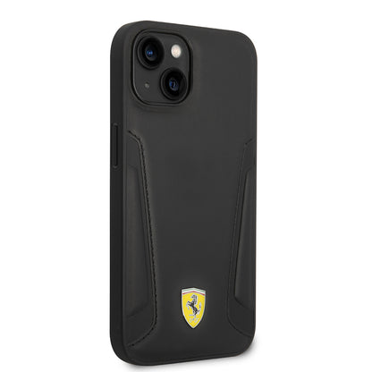 Apple iPhone 14 Plus Kılıf Ferrari Orjinal Lisanslı M-safe Şarj Özellikli Deri Kenarları Damgalı Dizayn Kapak Siyah