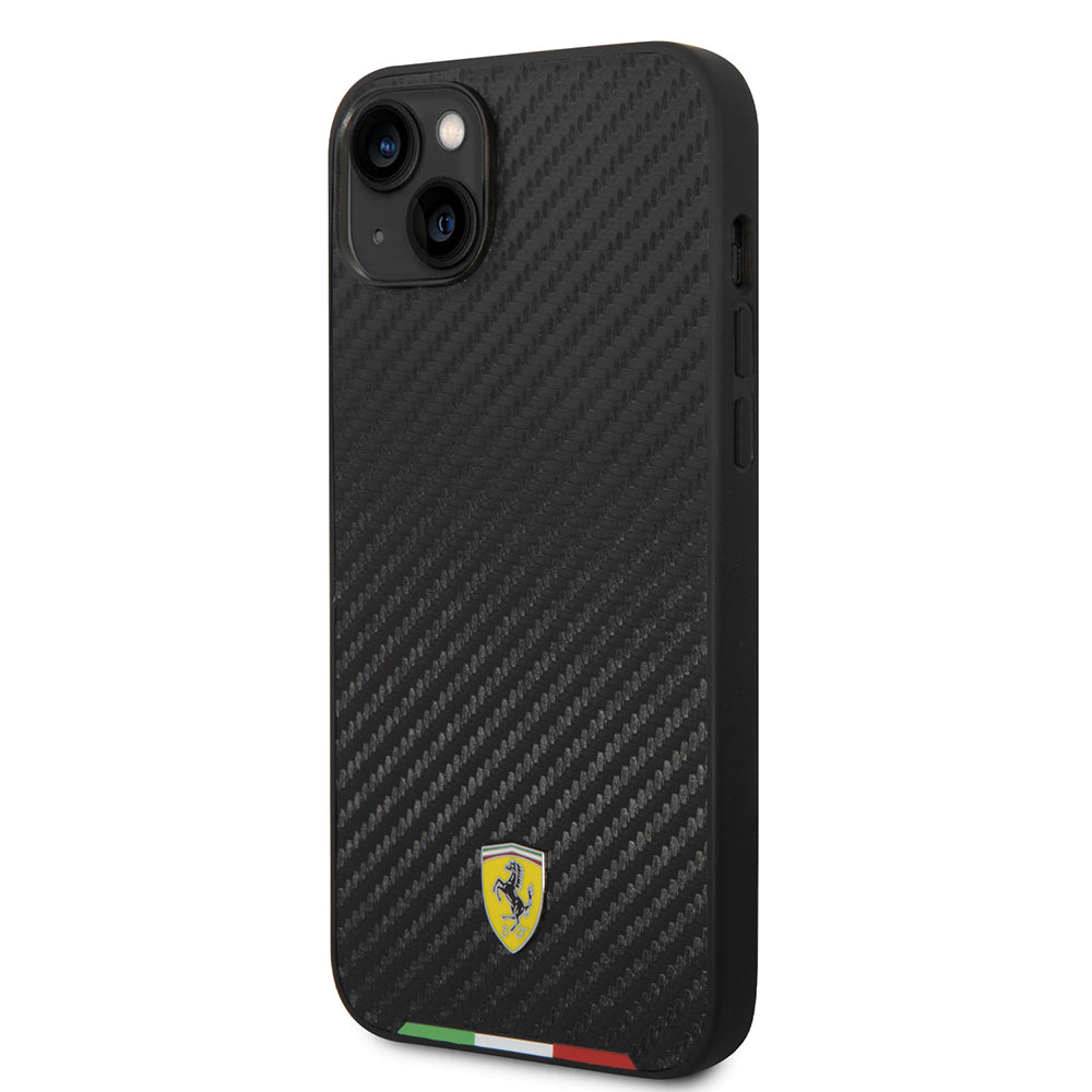 Apple iPhone 14 Plus Kılıf Ferrari Orjinal Lisanslı M-safe Şarj Özellikli Karbon İtalyan Bayrak Dizayn Kapak Siyah