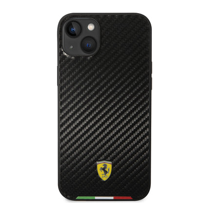 Apple iPhone 14 Plus Kılıf Ferrari Orjinal Lisanslı M-safe Şarj Özellikli Karbon İtalyan Bayrak Dizayn Kapak Siyah