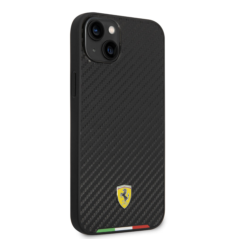 Apple iPhone 14 Plus Kılıf Ferrari Orjinal Lisanslı M-safe Şarj Özellikli Karbon İtalyan Bayrak Dizayn Kapak Siyah