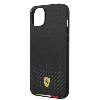 Apple iPhone 14 Plus Kılıf Ferrari Orjinal Lisanslı M-safe Şarj Özellikli Karbon İtalyan Bayrak Dizayn Kapak Siyah