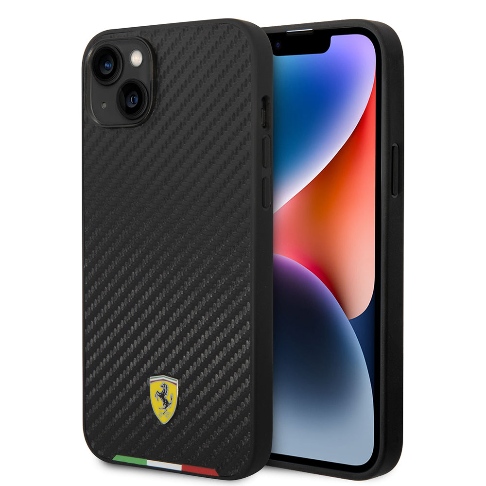 Apple iPhone 14 Plus Kılıf Ferrari Orjinal Lisanslı M-safe Şarj Özellikli Karbon İtalyan Bayrak Dizayn Kapak Siyah