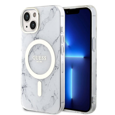 Apple iPhone 14 Plus Case GUESS M-safe Charging Feature Marble Pattern Cover White