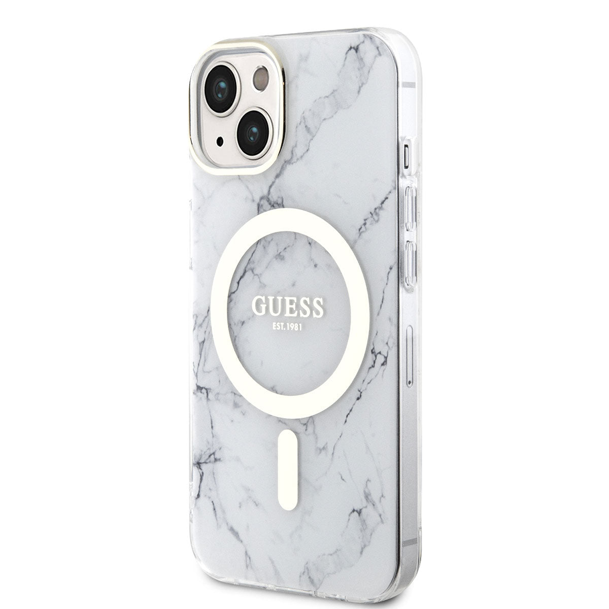 Apple iPhone 14 Plus Case GUESS M-safe Charging Feature Marble Pattern Cover White