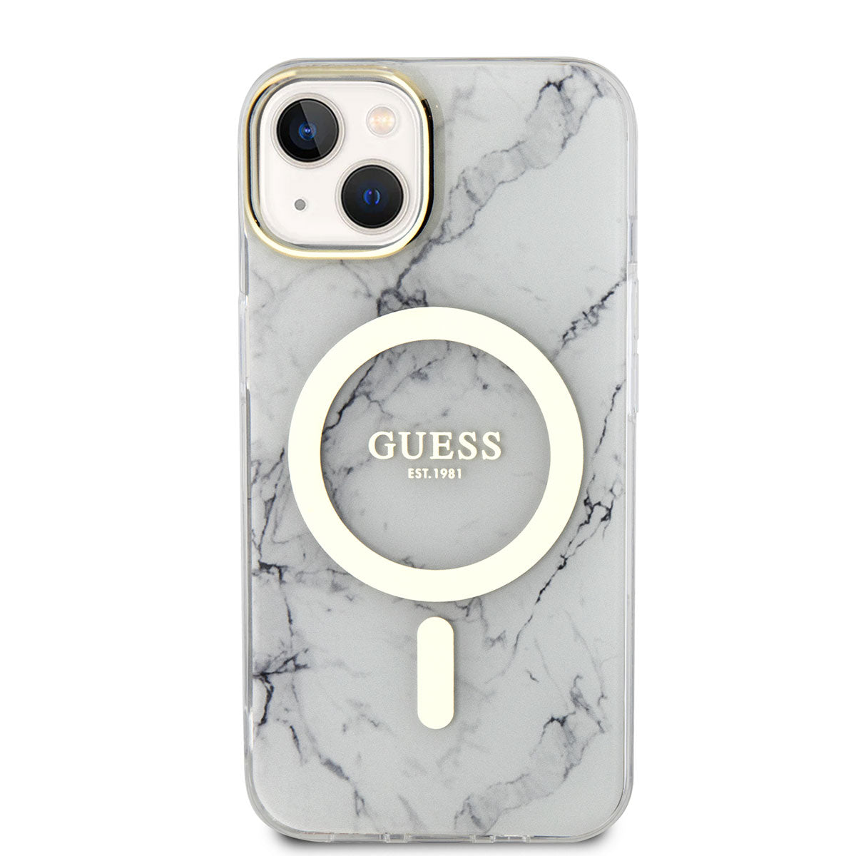 Apple iPhone 14 Plus Case GUESS M-safe Charging Feature Marble Pattern Cover White
