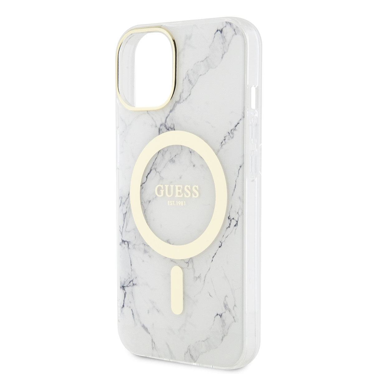 Apple iPhone 14 Plus Case GUESS M-safe Charging Feature Marble Pattern Cover White
