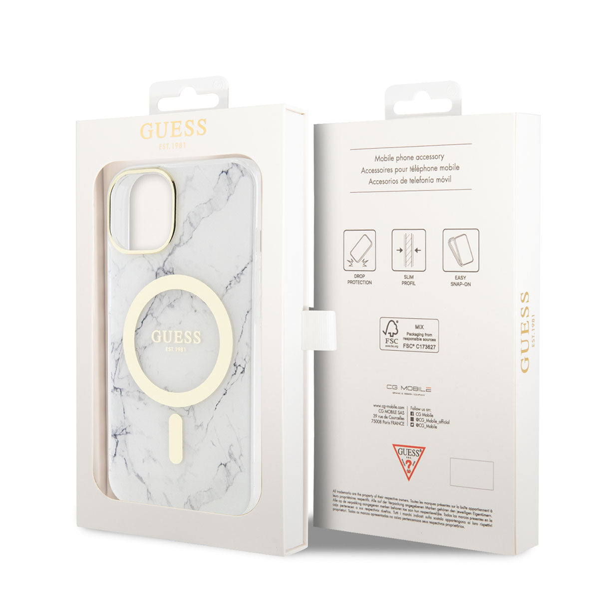Apple iPhone 14 Plus Case GUESS M-safe Charging Feature Marble Pattern Cover White