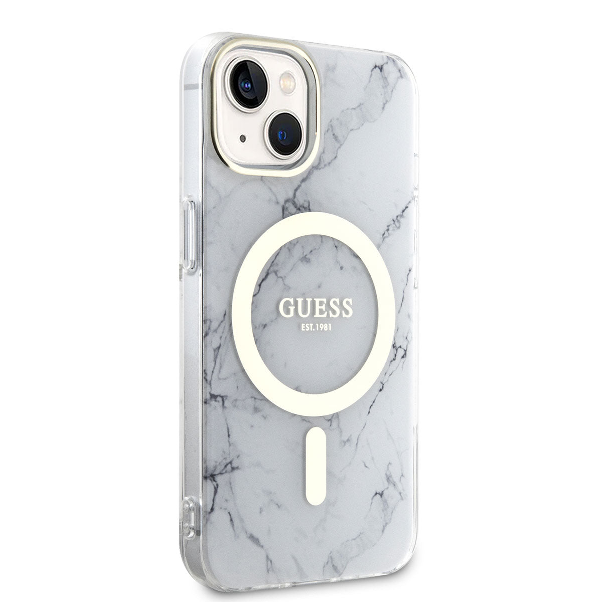Apple iPhone 14 Plus Case GUESS M-safe Charging Feature Marble Pattern Cover White