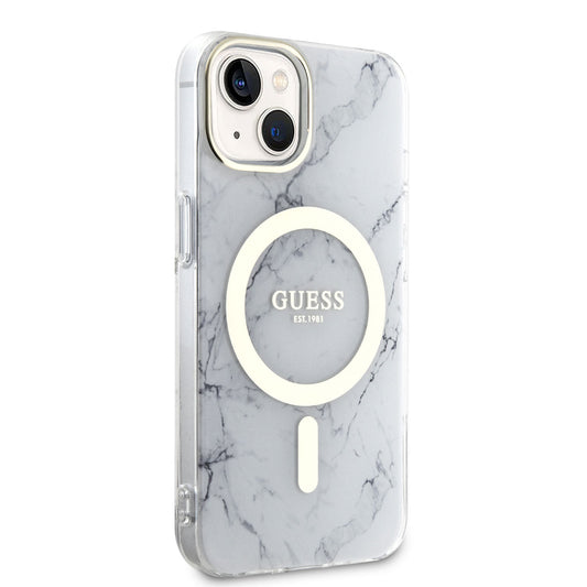 Apple iPhone 14 Plus Case GUESS M-safe Charging Feature Marble Pattern Cover White