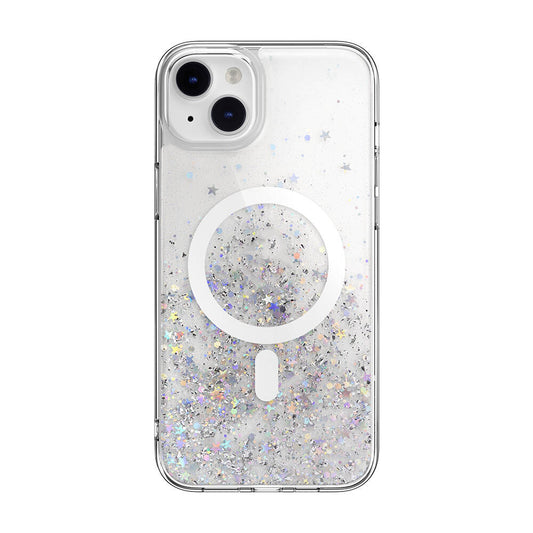 Apple iPhone 14 Plus Kılıf M-safe Şarj Özellikli Parlayan Simli Şeffaf Lisanslı Switcheasy Starfield-M Kapak Renksiz