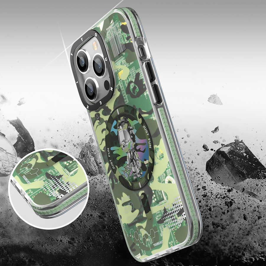 Apple iPhone 14 Plus Case M-safe Charging Feature YoungKit Camouflage Series Cover Green 