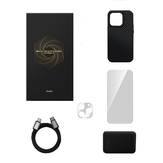 Apple iPhone 14 Pro Benks Grand Combo 5-in-1 Accessory Set Case-Screen Protector-Lens Protector-Cable-Powerbank Black 